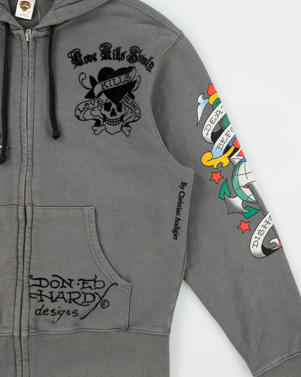 Vintage Y2K 00s Ed Hardy By Christian Audigier Love Kills Slowly Zip-Up Tattoo Hoodie - M