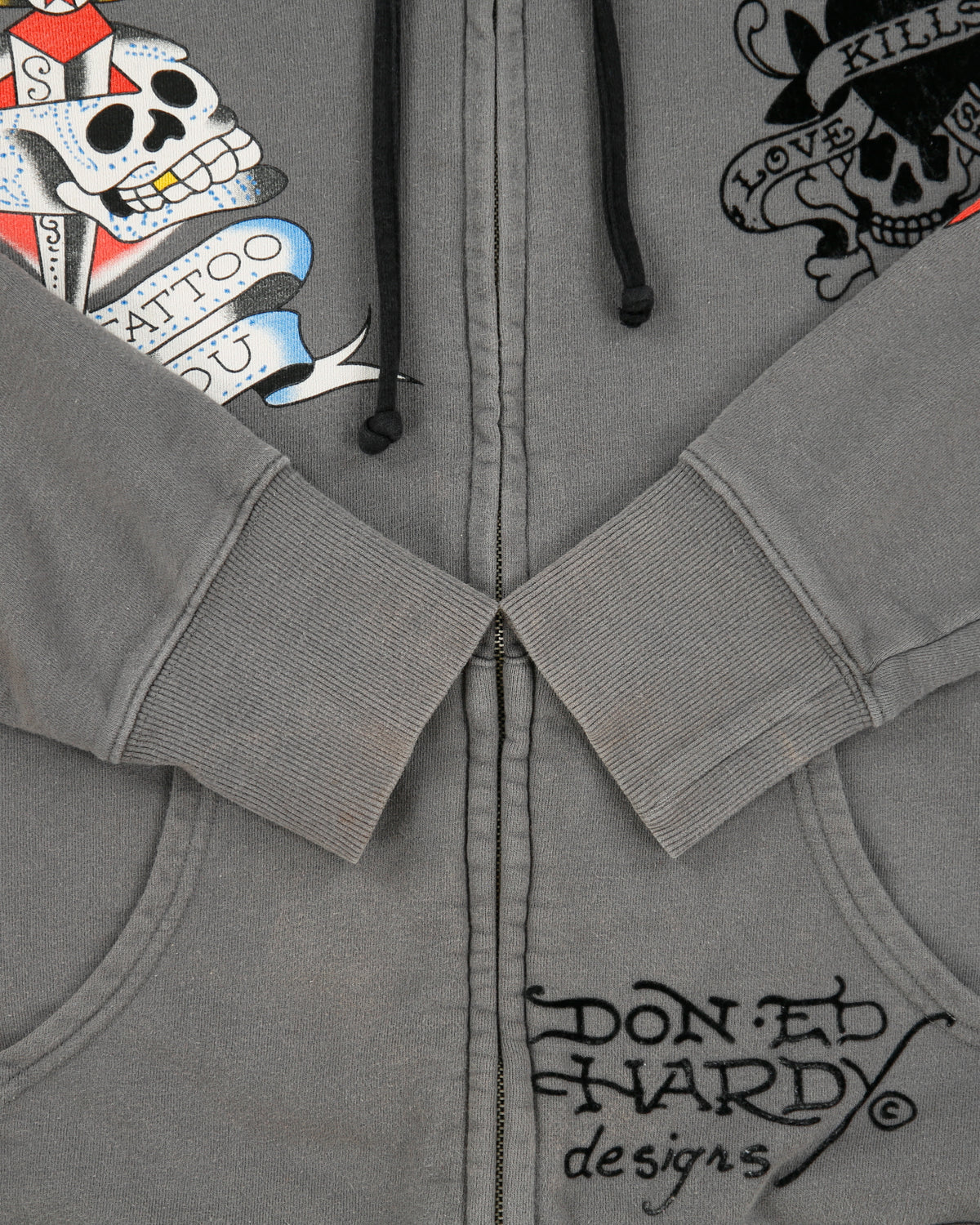 Vintage Y2K 00s Ed Hardy By Christian Audigier Love Kills Slowly Zip-Up Tattoo Hoodie - M