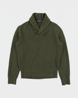 Vintage Polo Ralph Lauren Khaki Luxury Jersey Suede Patch Shawl Neck Sweatshirt - XS