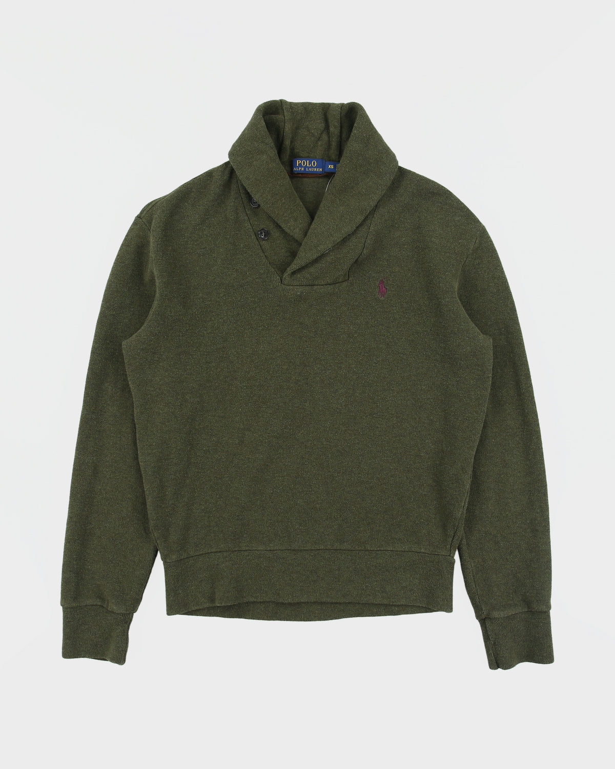 Vintage Polo Ralph Lauren Khaki Luxury Jersey Suede Patch Shawl Neck Sweatshirt - XS