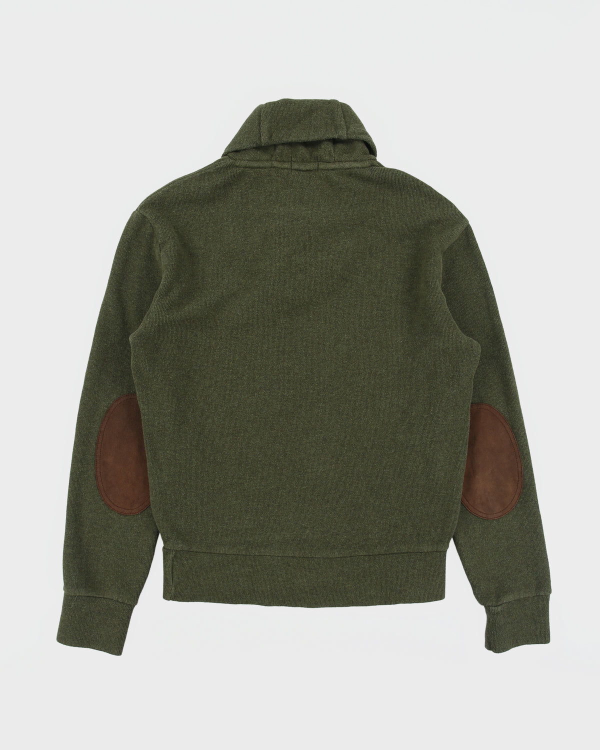 Vintage Polo Ralph Lauren Khaki Luxury Jersey Suede Patch Shawl Neck Sweatshirt - XS