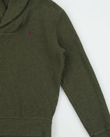 Vintage Polo Ralph Lauren Khaki Luxury Jersey Suede Patch Shawl Neck Sweatshirt - XS