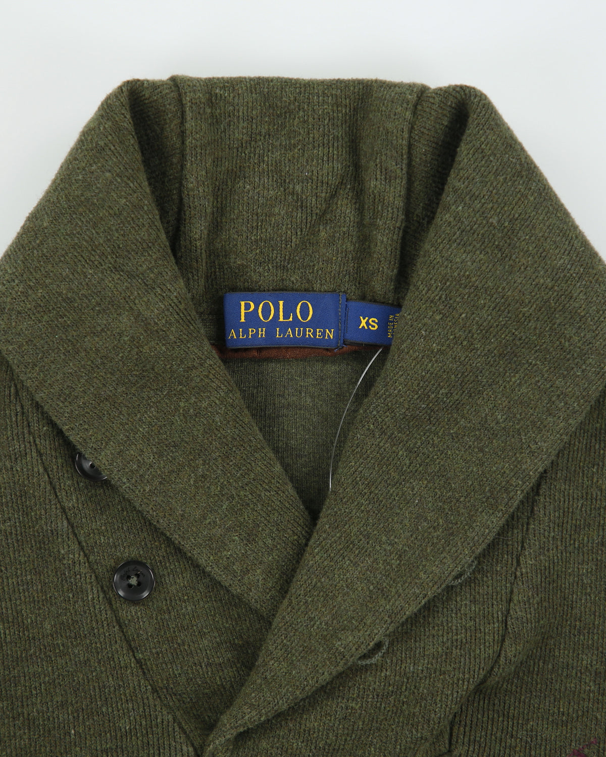 Vintage Polo Ralph Lauren Khaki Luxury Jersey Suede Patch Shawl Neck Sweatshirt - XS