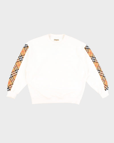 Burberry Oversized Cotton Blend Sweatshirt In White With Nova Check Sleeve - M