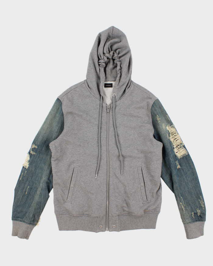 Mens Distressed Denim and Grey Cotton Diesel Hoodie - L