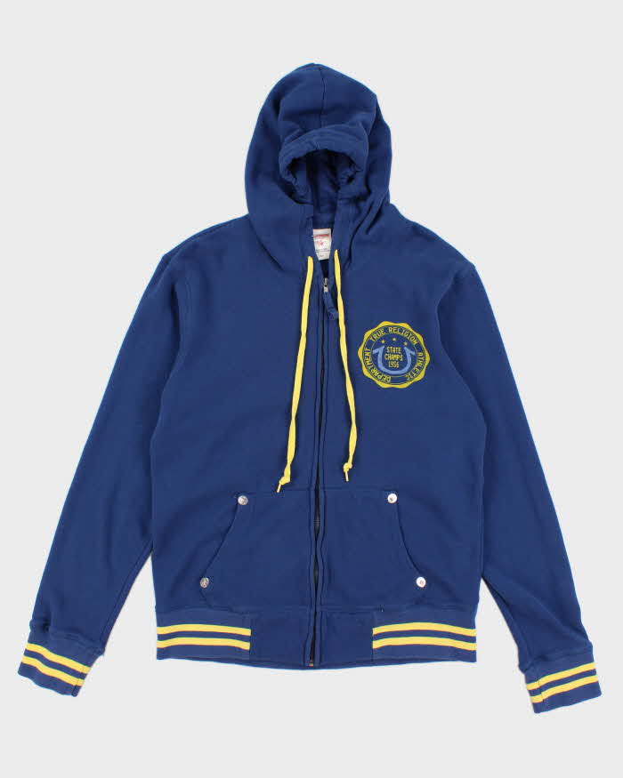 Men's Blue Zip Up True Religion Graphic Hoodie - M