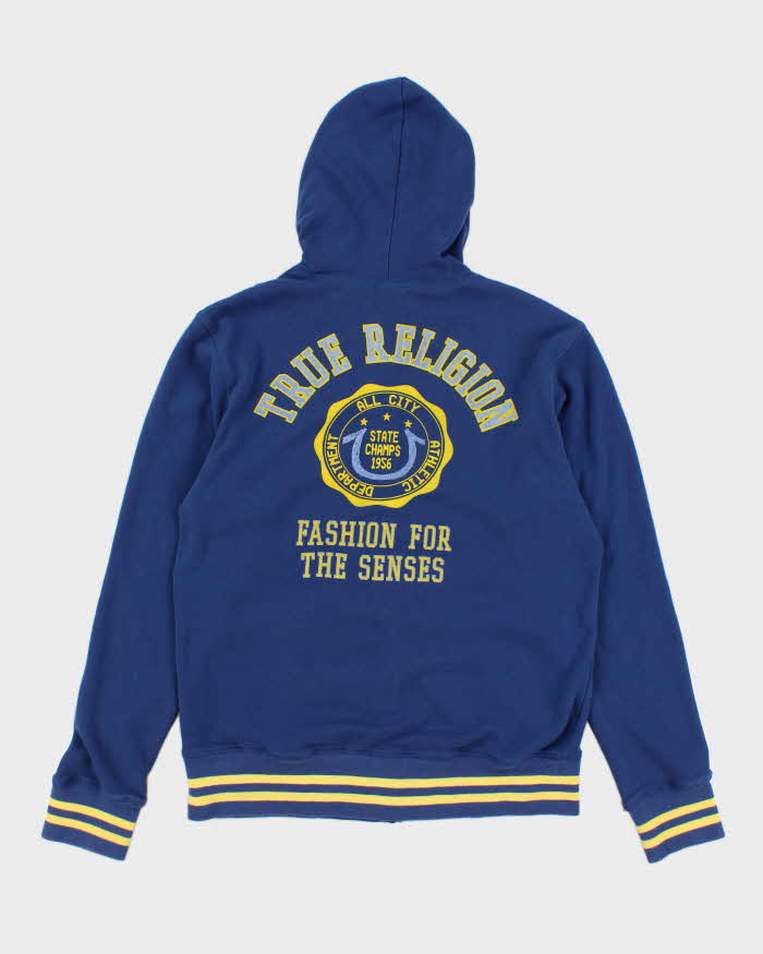 Men's Blue Zip Up True Religion Graphic Hoodie - M