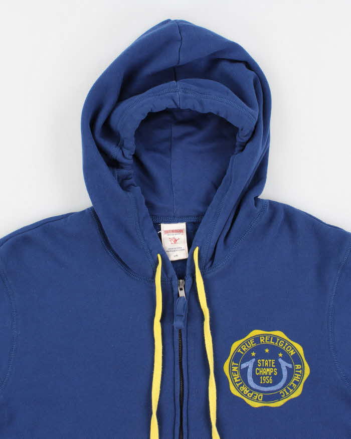 Men's Blue Zip Up True Religion Graphic Hoodie - M