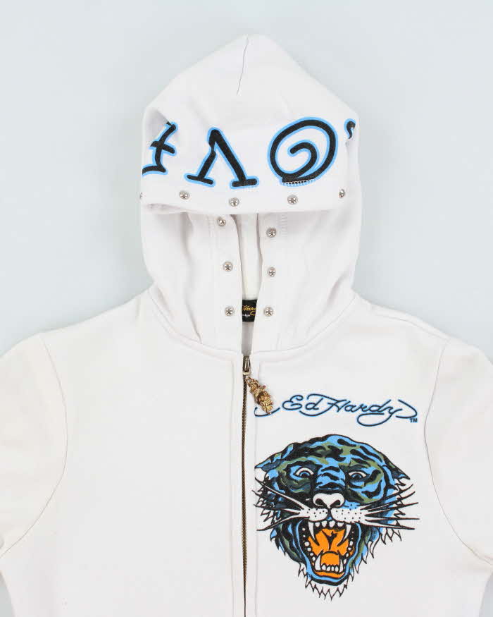 Vintage Y2K Ed Hardy Sequined Graphic Print Zip Up Hoodie - XL