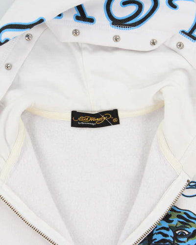 Vintage Y2K Ed Hardy Sequined Graphic Print Zip Up Hoodie - XL