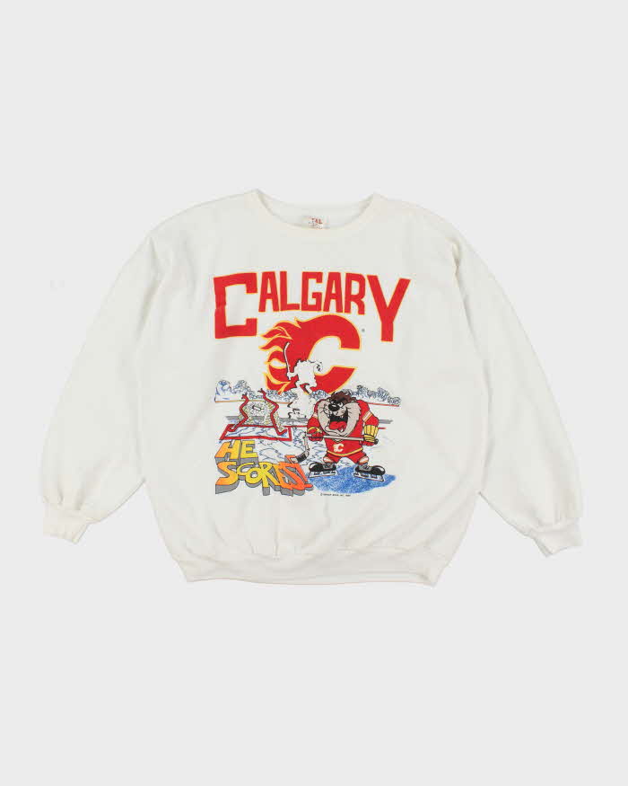 Vintage 80's Calgary Flames Looney Tunes NHL Hockey Sweatshirt - XL