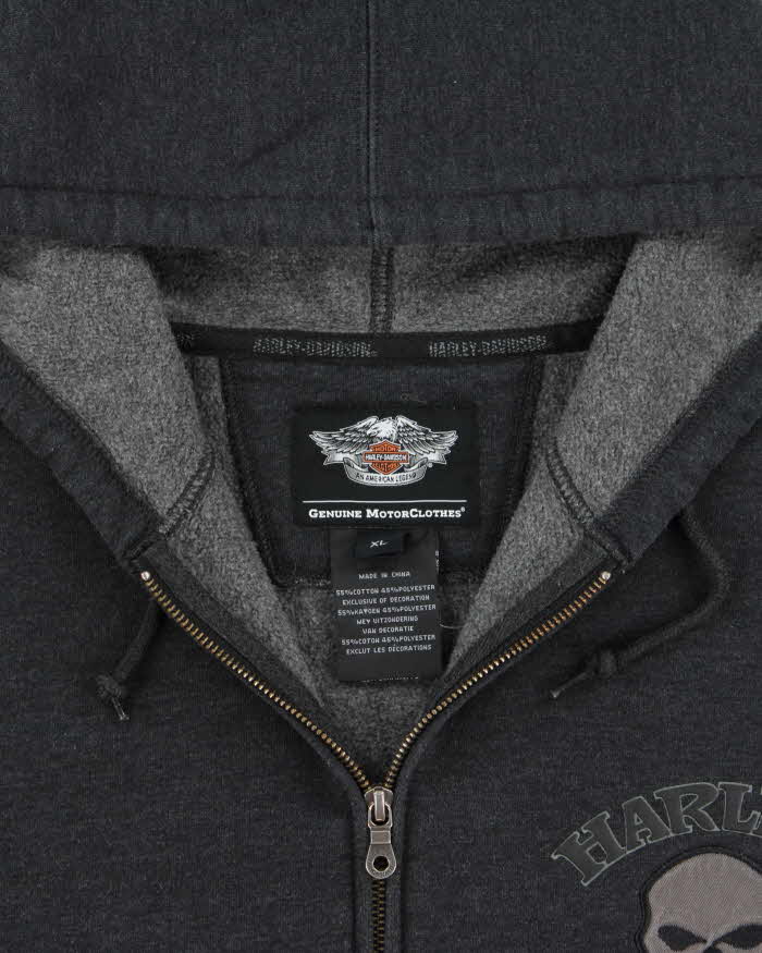 Vintage Harley Davidson Skull Embroidered Zip Up Hoodie - XL