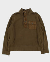 Vintage Eddie Bauer Khaki Military Style Button Collar Sweatshirt - XL
