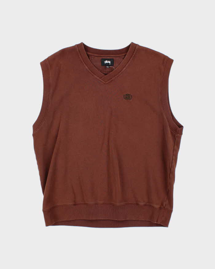 Vintage Stussy Brown Boxy V-Neck Sweater Vest - XL