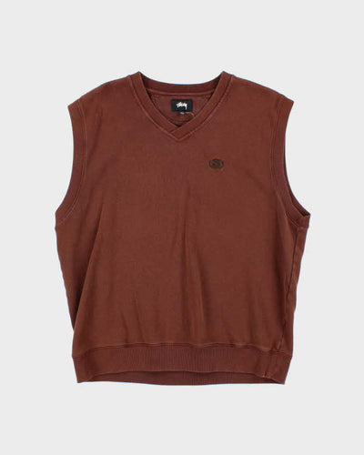 Vintage Stussy Brown Boxy V-Neck Sweater Vest - XL