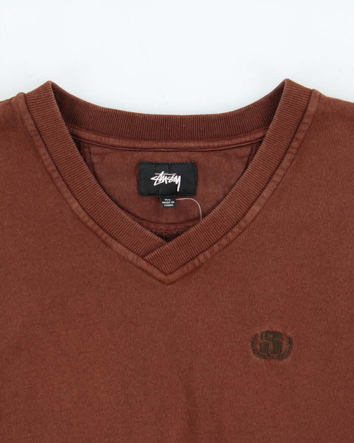 Vintage Stussy Brown Boxy V-Neck Sweater Vest - XL
