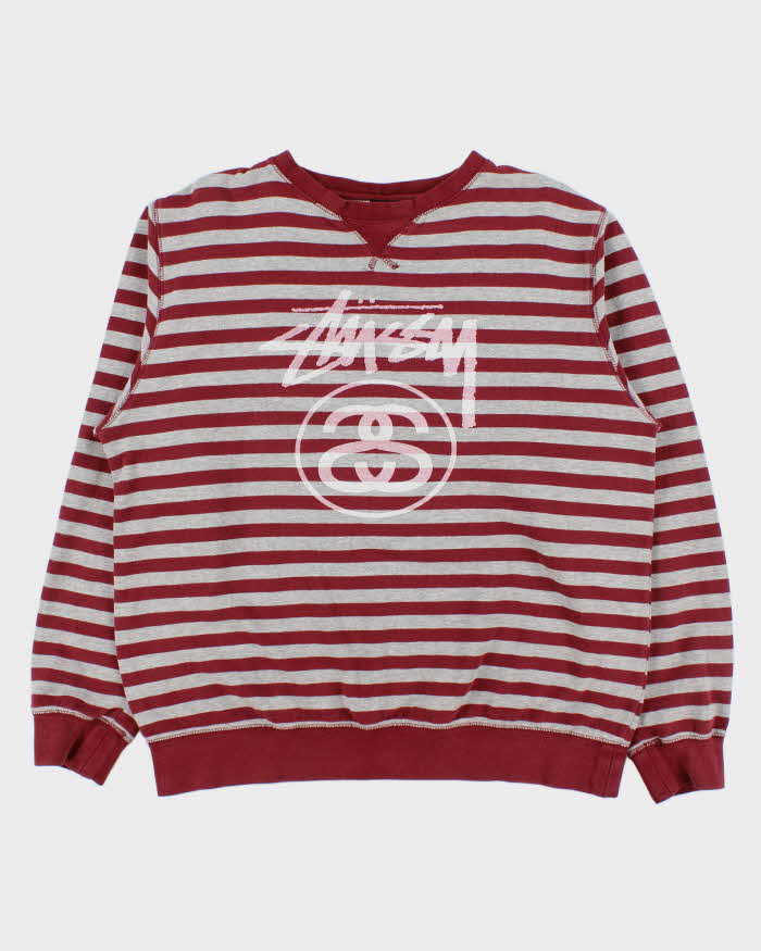 Vintage Stussy Striped Classic Logo Crewneck Sweatshirt - XL