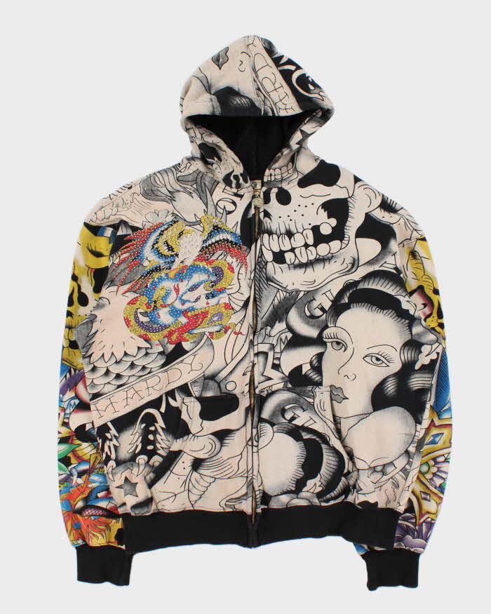 Vintage Y2K 00s Ed Hardy Graphic Rhinestone Zip-Up Hoodie  - XXL