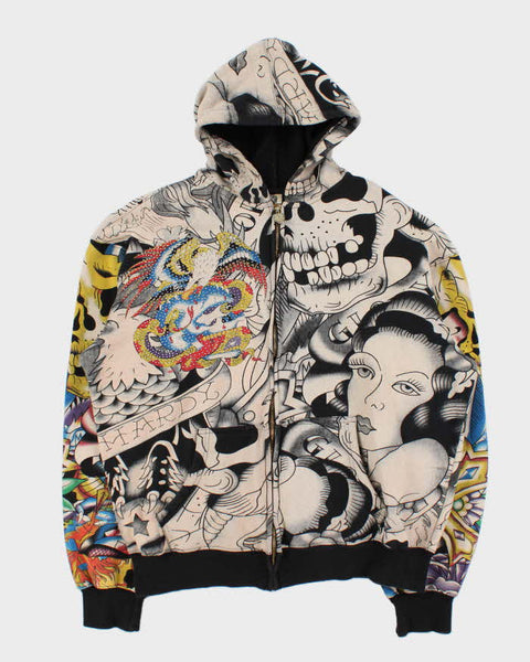 Vintage Y2K 00s Ed Hardy Graphic Rhinestone Zip-Up Hoodie - XXL