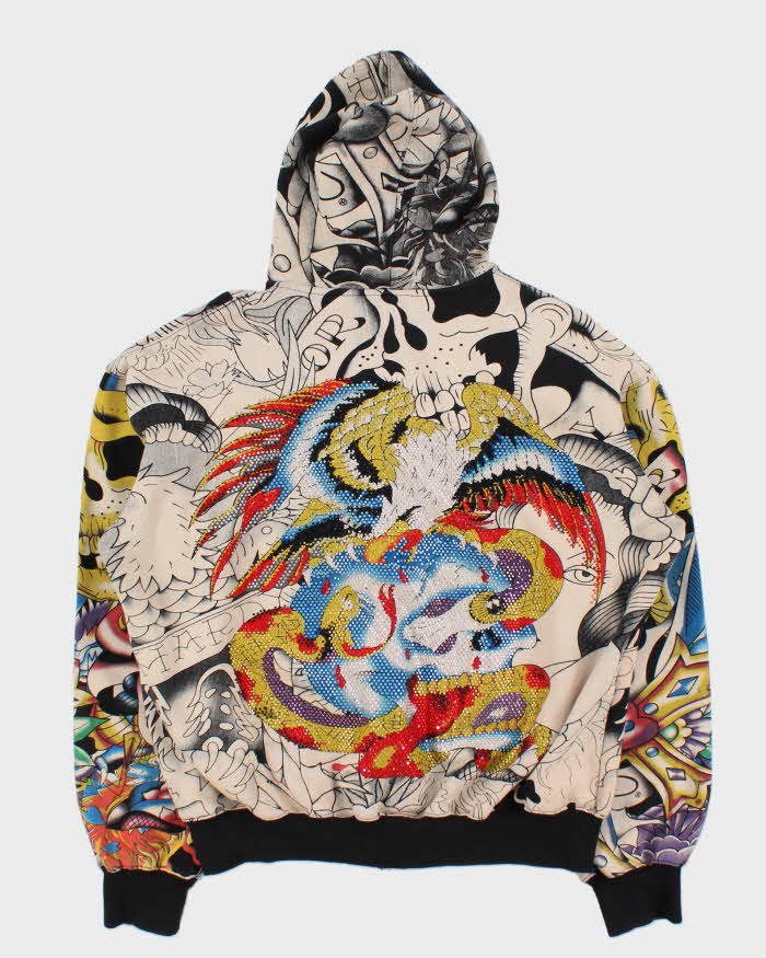 Vintage Y2K 00s Ed Hardy Graphic Rhinestone Zip-Up Hoodie  - XXL