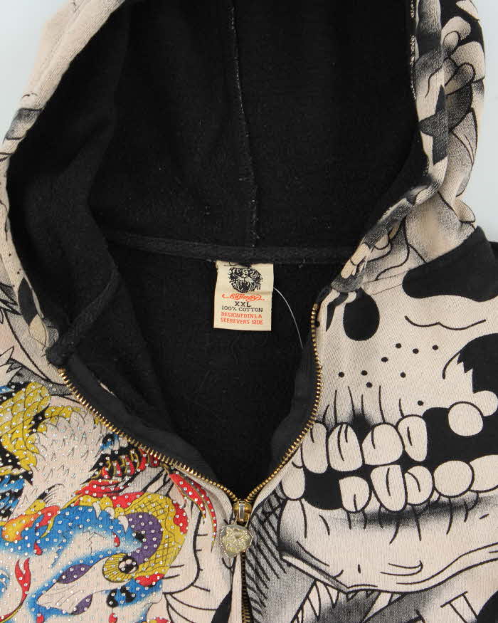 Vintage Y2K 00s Ed Hardy Graphic Rhinestone Zip-Up Hoodie  - XXL
