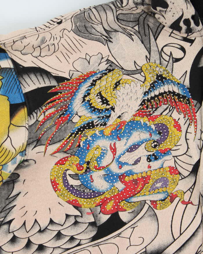 Vintage Y2K 00s Ed Hardy Graphic Rhinestone Zip-Up Hoodie  - XXL