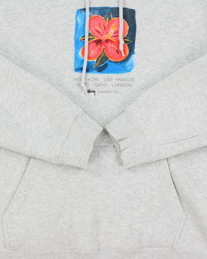 Vintage Stussy Hibiscus Big City Grey Marl Pullover Hoodie - S