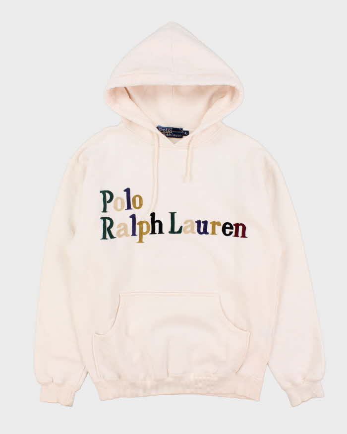 Vintage Early 1990s Polo Ralph Lauren Indonesia Embroidered Spell Out Pale Pink Pullover Hoodie - L