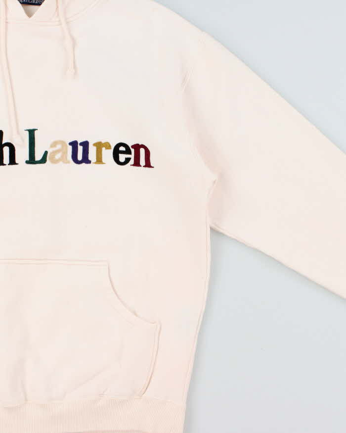 Vintage Early 1990s Polo Ralph Lauren Indonesia Embroidered Spell Out Pale Pink Pullover Hoodie - L