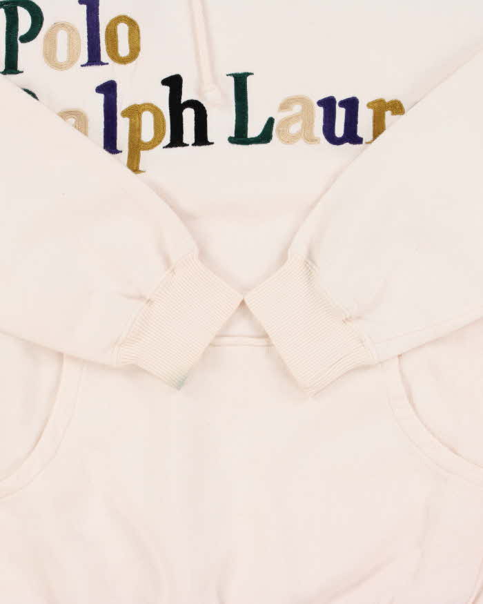 Vintage Early 1990s Polo Ralph Lauren Indonesia Embroidered Spell Out Pale Pink Pullover Hoodie - L