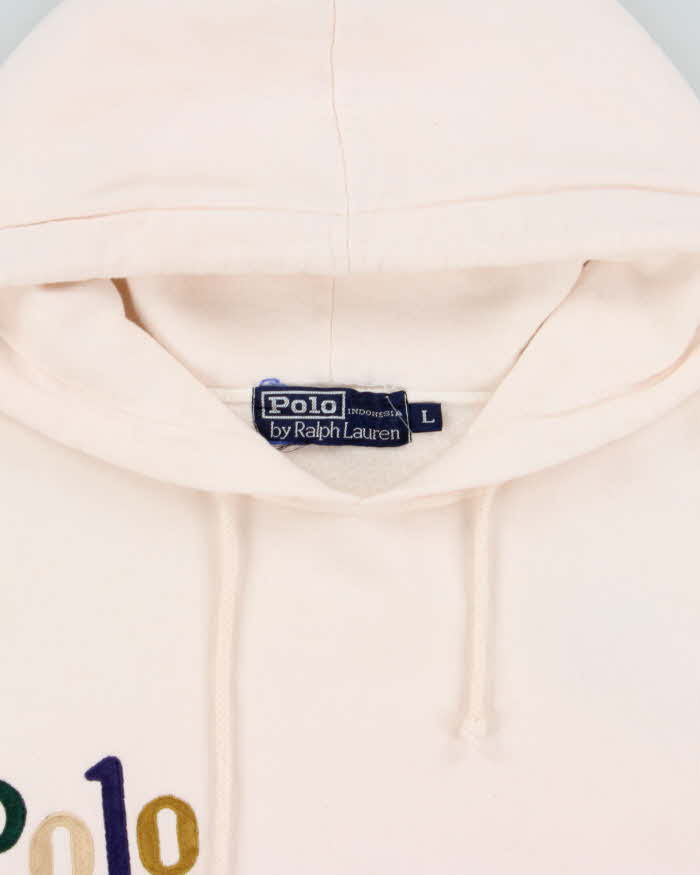 Vintage Early 1990s Polo Ralph Lauren Indonesia Embroidered Spell Out Pale Pink Pullover Hoodie - L