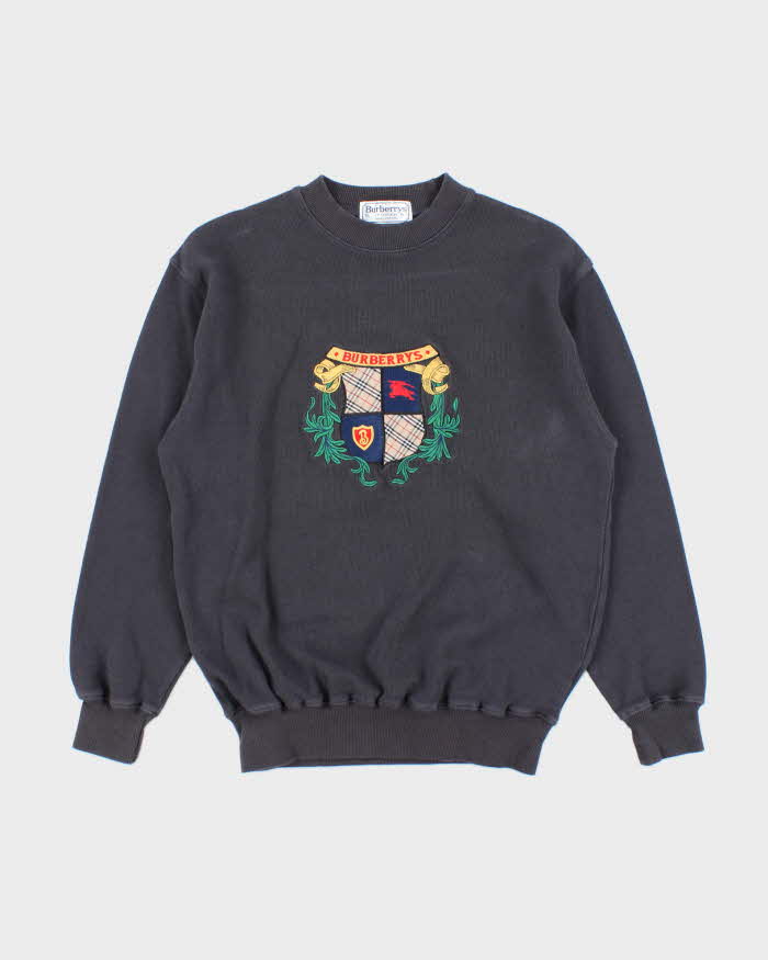 Vintage 1990s Burberry Embroidered Nova Check Crest Crewneck Sweatshirt - S