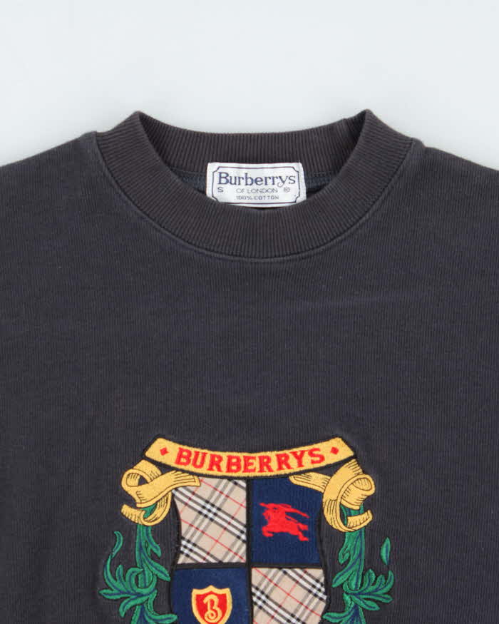 Vintage 1990s Burberry Embroidered Nova Check Crest Crewneck Sweatshirt - S