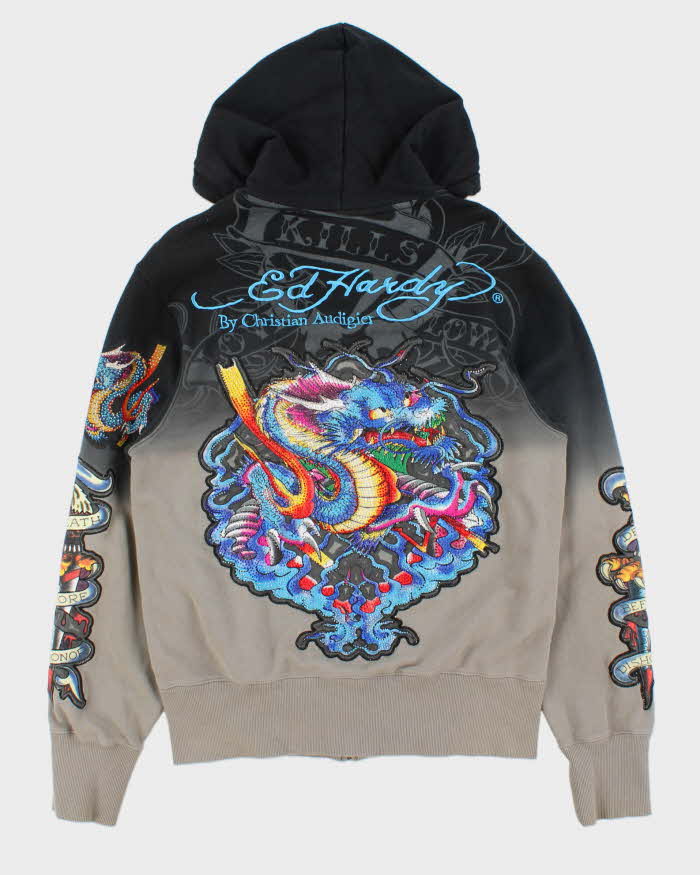Vintage Ed Hardy Christian Audiger Embroidered Rhinestone Two-Tone Zip-Up Hoodie - M