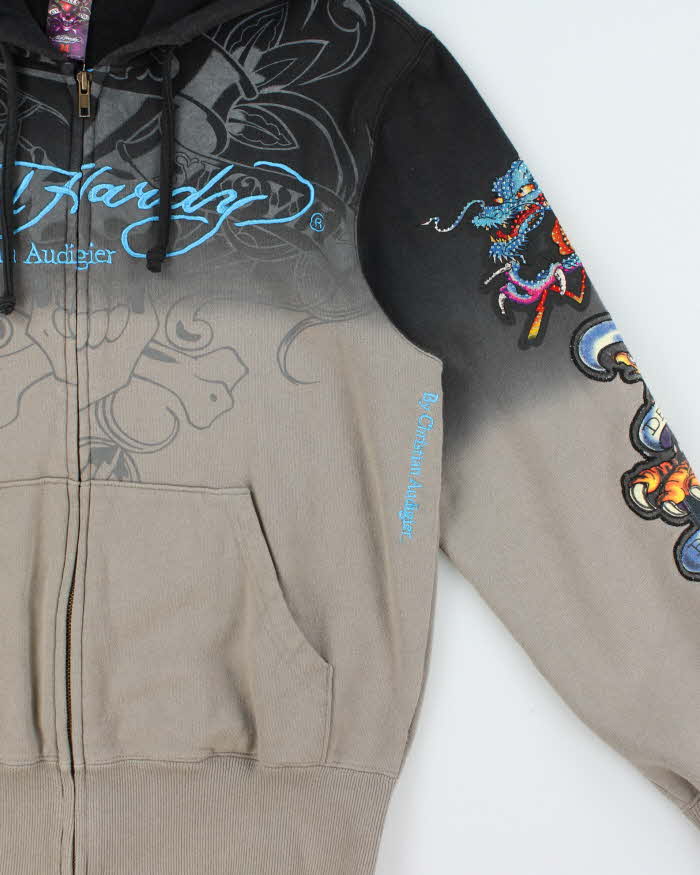 Vintage Ed Hardy Christian Audiger Embroidered Rhinestone Two-Tone Zip-Up Hoodie - M