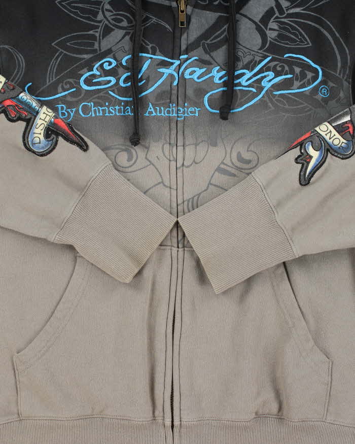 Vintage Ed Hardy Christian Audiger Embroidered Rhinestone Two-Tone Zip-Up Hoodie - M