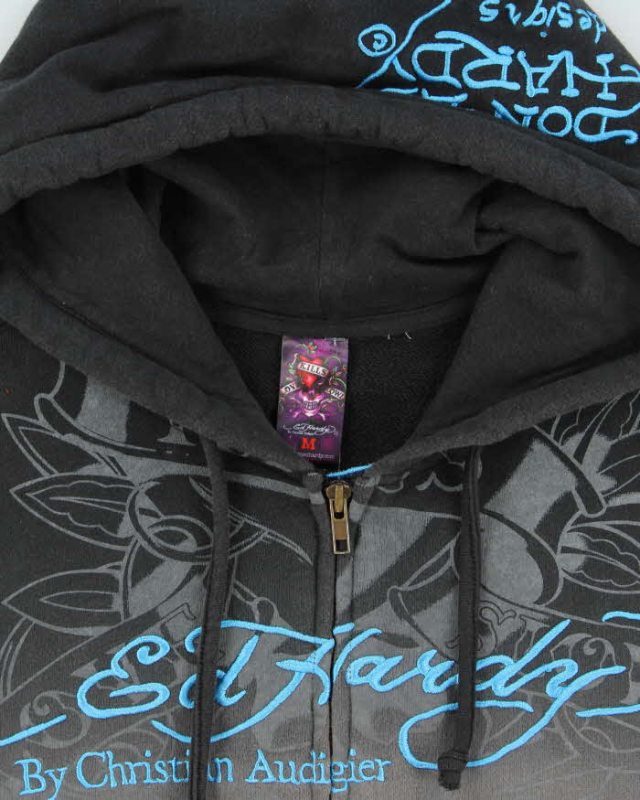 Vintage Ed Hardy Christian Audiger Embroidered Rhinestone Two-Tone Zip-Up Hoodie - M
