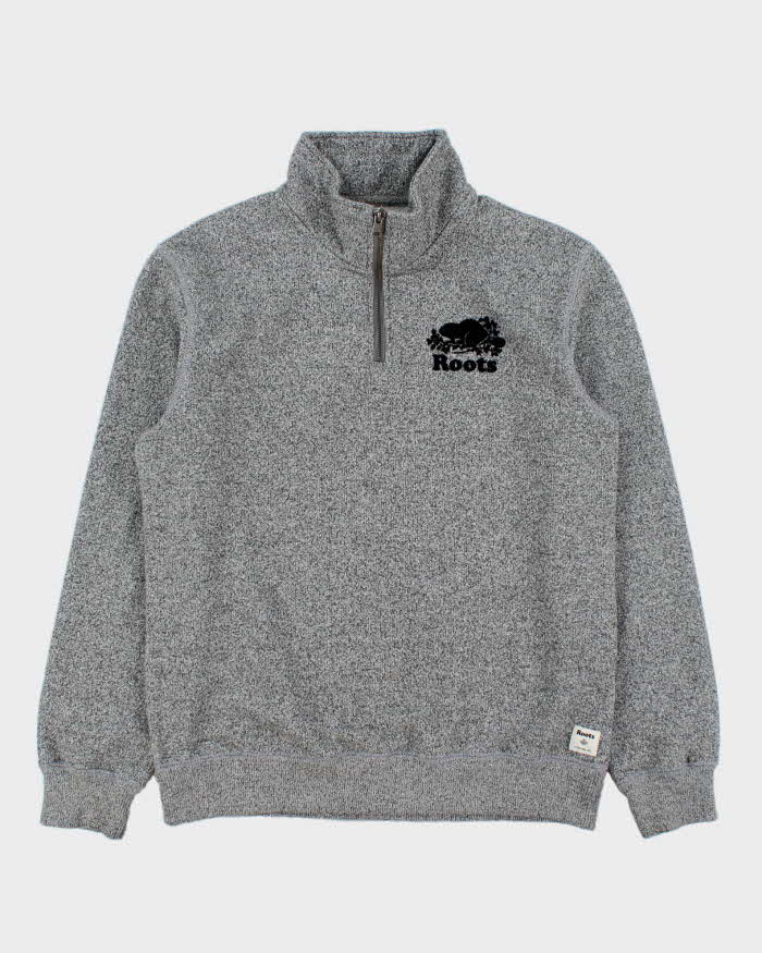 Vintage Y2K 00s Roots Marl Grey Felt Logo Quarter-Zip Sweatshirt - M