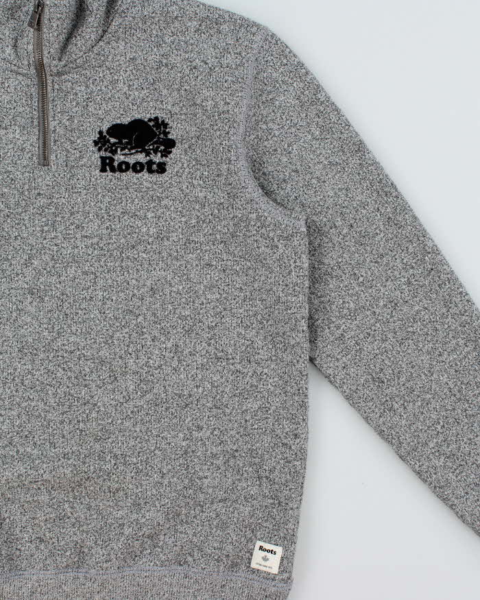 Vintage Y2K 00s Roots Marl Grey Felt Logo Quarter-Zip Sweatshirt - M