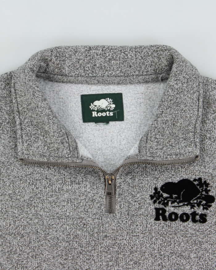 Vintage Y2K 00s Roots Marl Grey Felt Logo Quarter-Zip Sweatshirt - M