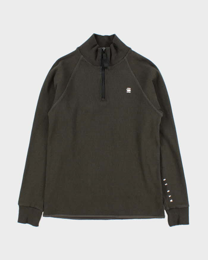 Vintage G-Star Raw Khaki Ribbed Sustainable Heavyweight Cotton Quarter-Zip Sweatshirt - L