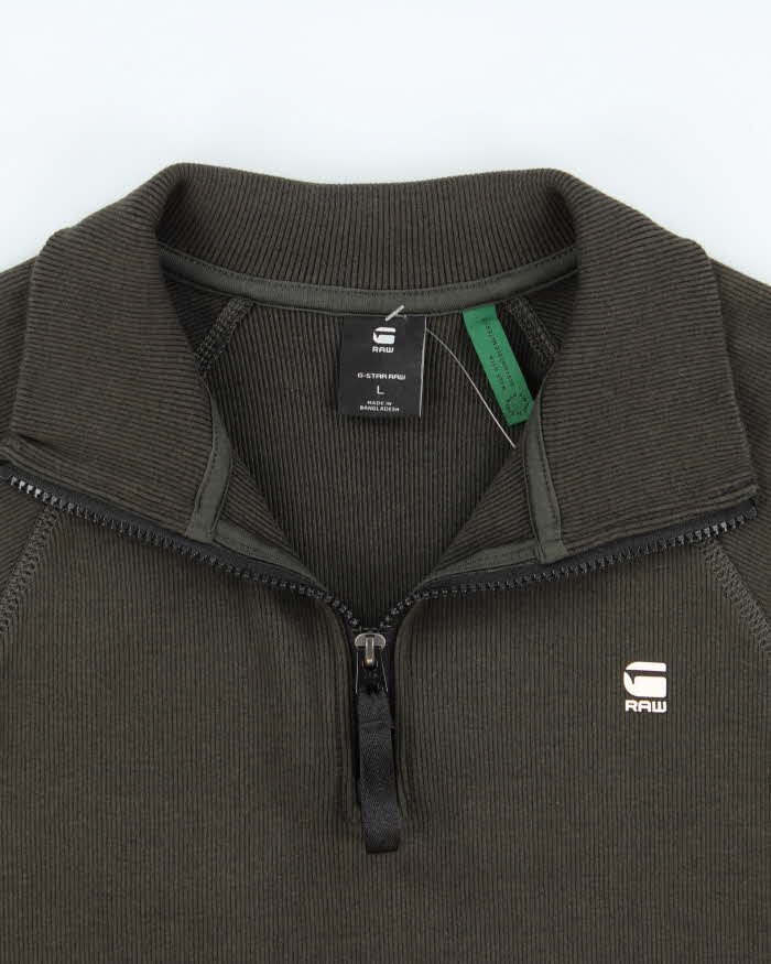 Vintage G-Star Raw Khaki Ribbed Sustainable Heavyweight Cotton Quarter-Zip Sweatshirt - L