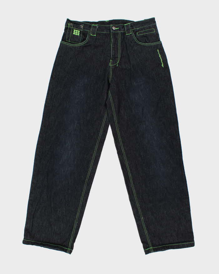 Vintage Y2K 00s Drunk Monkey Raw Indigo Denim Contrast Stitch Baggy Wide Leg Jeans - W34 L32