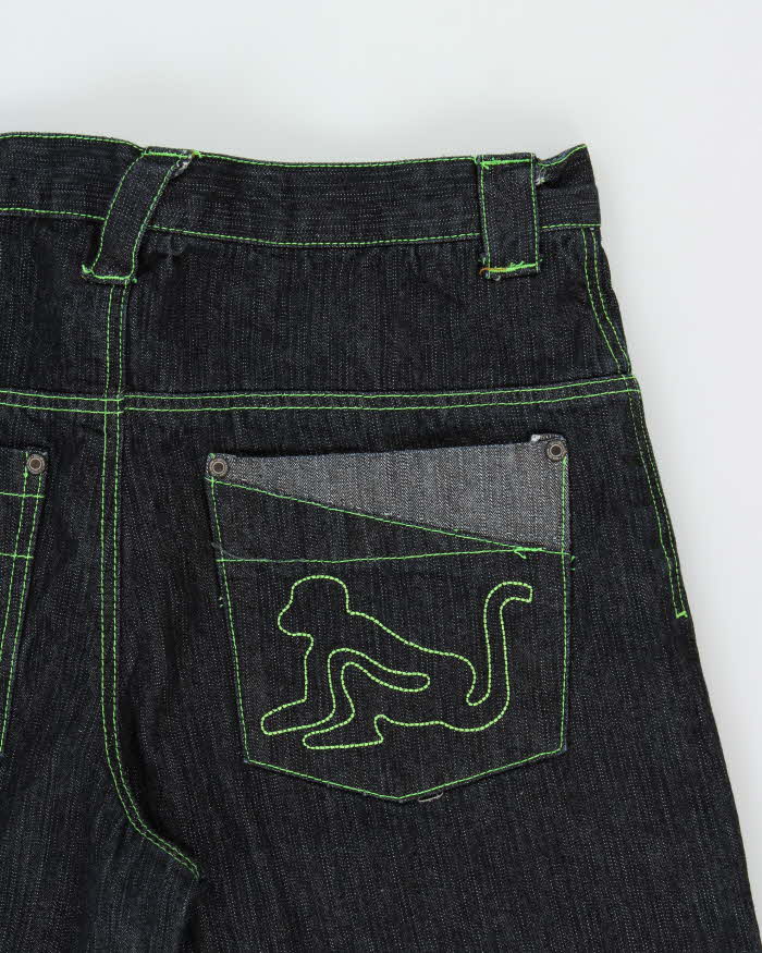 Vintage Y2K 00s Drunk Monkey Raw Indigo Denim Contrast Stitch Baggy Wide Leg Jeans - W34 L32
