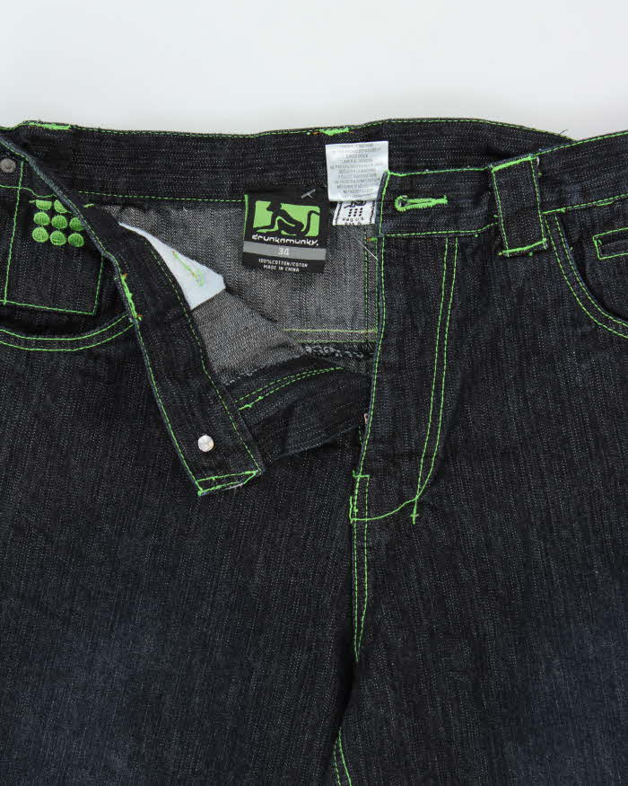 Vintage Y2K 00s Drunk Monkey Raw Indigo Denim Contrast Stitch Baggy Wide Leg Jeans - W34 L32