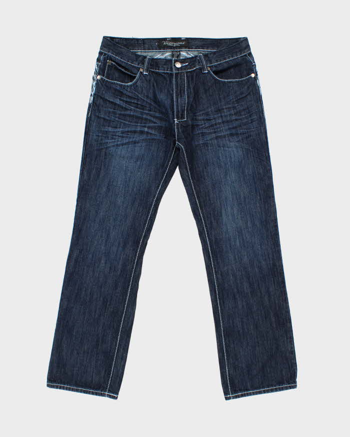 Vintage Y2K 00s Victorious Low Rise Embroidered Contrast Stitch Embellished Raw Denim Flap Pocket Straight Leg Jeans - W36 L32