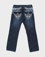 Vintage Y2K 00s Victorious Low Rise Embroidered Contrast Stitch Embellished Raw Denim Flap Pocket Straight Leg Jeans - W36 L32