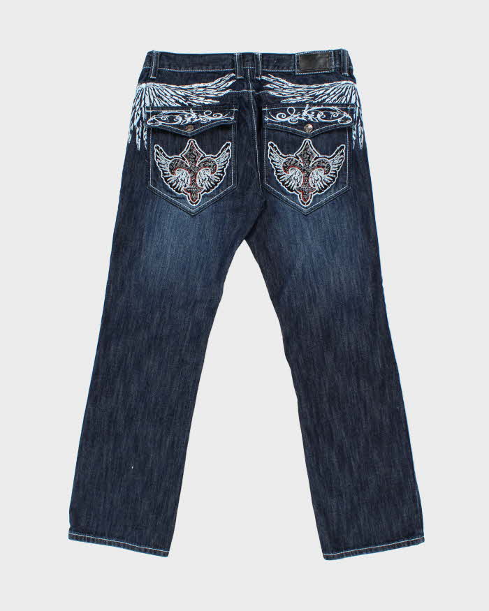 Vintage Y2K 00s Victorious Low Rise Embroidered Contrast Stitch Embellished Raw Denim Flap Pocket Straight Leg Jeans - W36 L32
