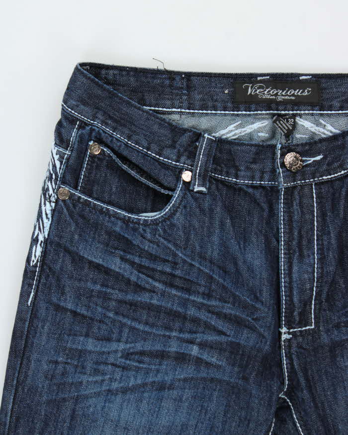 Vintage Y2K 00s Victorious Low Rise Embroidered Contrast Stitch Embellished Raw Denim Flap Pocket Straight Leg Jeans - W36 L32