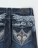 Vintage Y2K 00s Victorious Low Rise Embroidered Contrast Stitch Embellished Raw Denim Flap Pocket Straight Leg Jeans - W36 L32